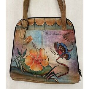 Anuschka Leather Handpainted Butterfly Floral Multicolor Purse Handbag Beautiful
